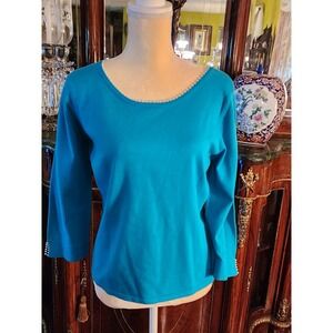 Pink Poodle Teal Cotton Blend Knit Sweater Pearl Trim Boat Neck Japan Made SZ M